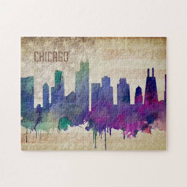 Puzzle Horizon de ville d'aquarelle de Chicago, IL | (Horizontal)