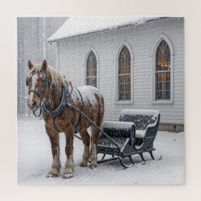 Puzzle Horse Harnessed to a Sleigh By a Church (Vertical)