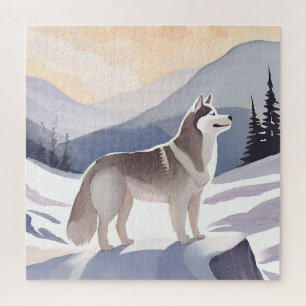 Puzzle Husky d'Alaska Montagne de chien aquarelle