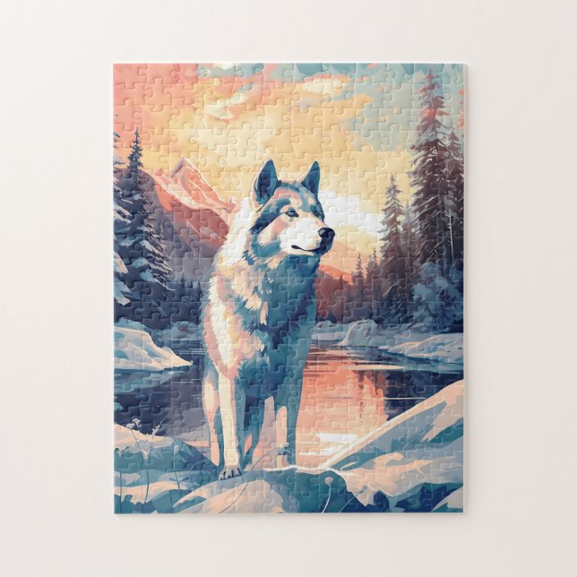 Puzzle Husky dans la forêt enneigée d'un lac au coucher d (Vertical)
