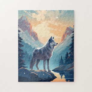 Puzzle Husky dans les montagnes enneigées au coucher du s