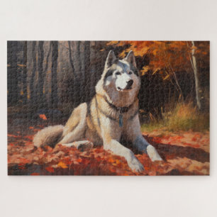 Puzzle Husky sibérien dans les feuilles d'automne qui tom