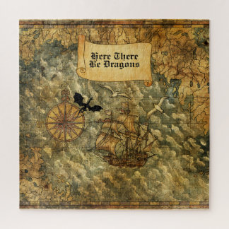 Puzzle Ici il y a des dragons Carte nautique de style vin