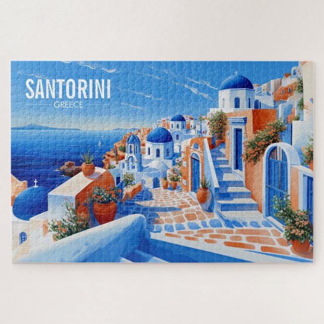 Puzzle Illustration de l'île de Santorin | Art du voyage (Horizontal)