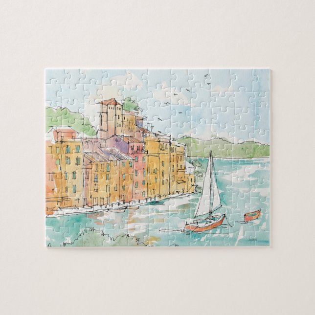 Puzzle Illustration de port de Porofino avec le voilier (Horizontal)