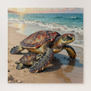 Puzzle Illustration de tortue marine et bébé sur la plage