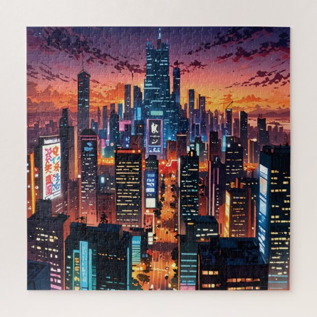 Puzzle Illustration of a big city at night (Vertical)