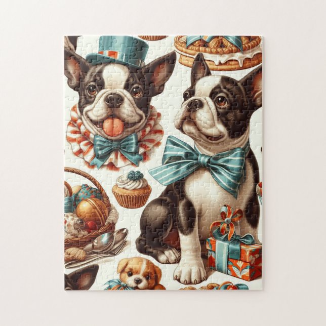 Puzzle Illustration Retro Cute Boston Terrier (Vertical)