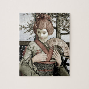 Puzzle Illustration vintage d'un éventail de geisha en ki