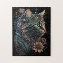 Imaginaire bleu oeil chat avec fleurs IA art