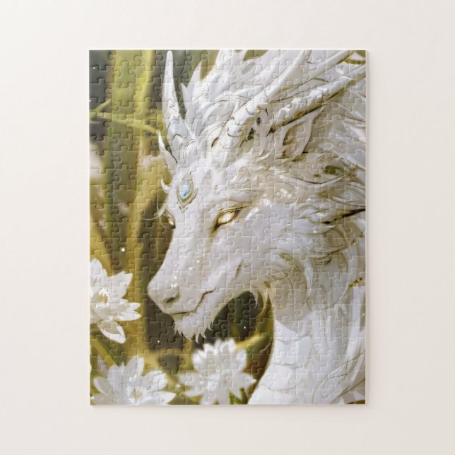 Puzzle Imaginaire Dragon blanc et or avec fleurs (Vertical)