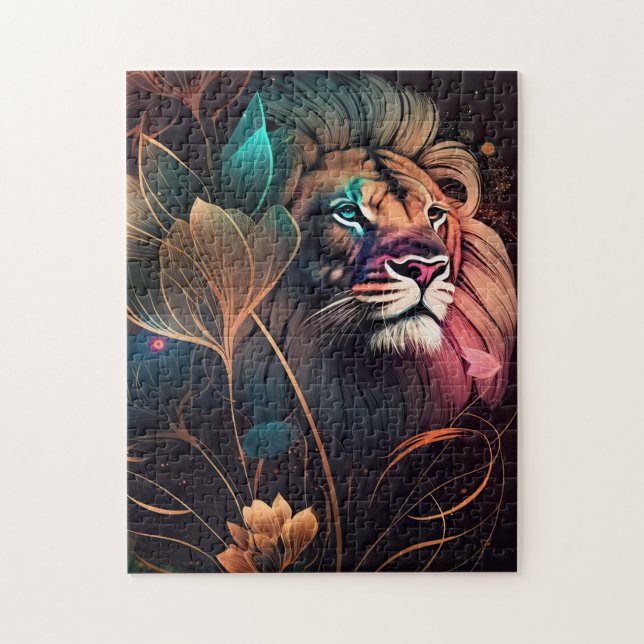 Puzzle Imaginaire, magnifique lion avec fleurs art IA (Vertical)