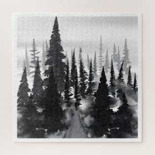 Puzzle Imprimer l'aquarelle de la forêt de pin monochrome