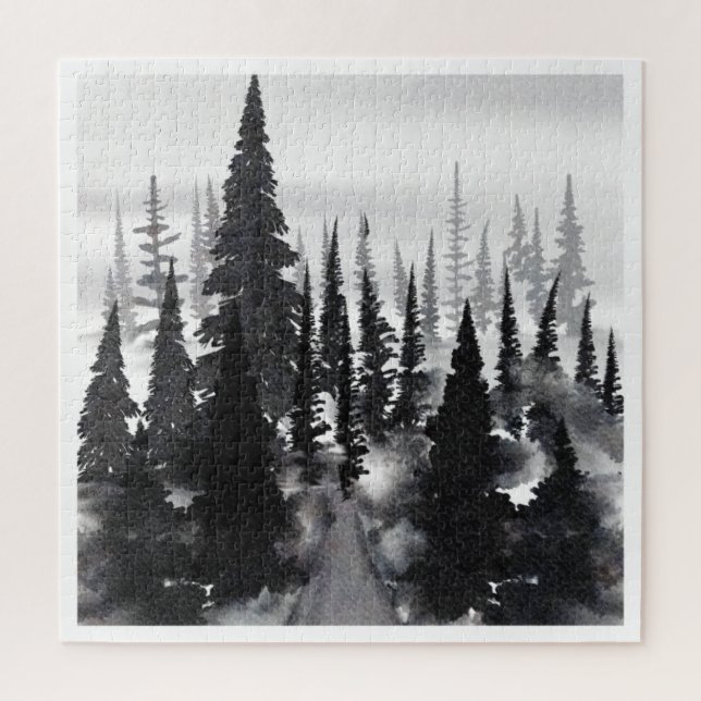 Puzzle Imprimer l'aquarelle de la forêt de pin monochrome (Vertical)