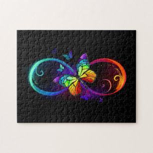 Puzzle Infini vibrant avec papillon arc-en-ciel sur noir