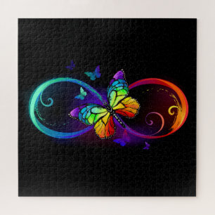 Puzzle Infini vibrant avec papillon arc-en-ciel sur noir