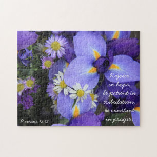 Puzzle Iris mauve, Bible et espoir, Romains 12:12