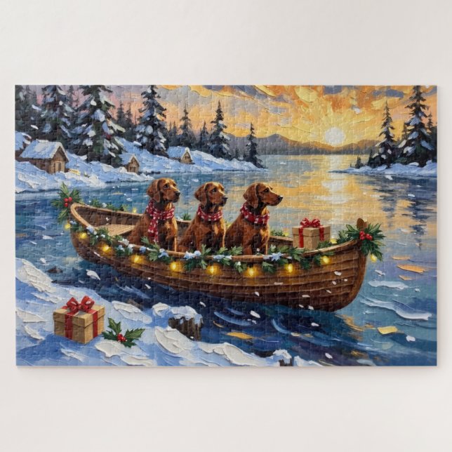 Puzzle Irish Red Setter Christmas Boat Holiday (Horizontal)