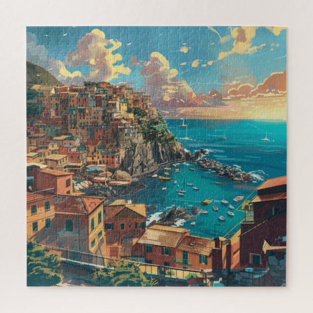 Puzzle Italie Côte avec des falaises et une ville éclairé (Vertical)