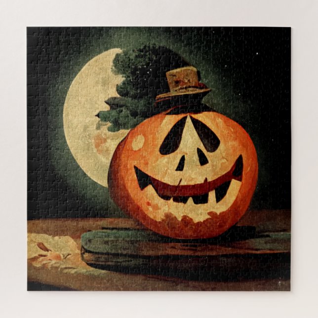 Puzzle Jack-O-Lanterne éffrayant portant un chapeau supér (Vertical)
