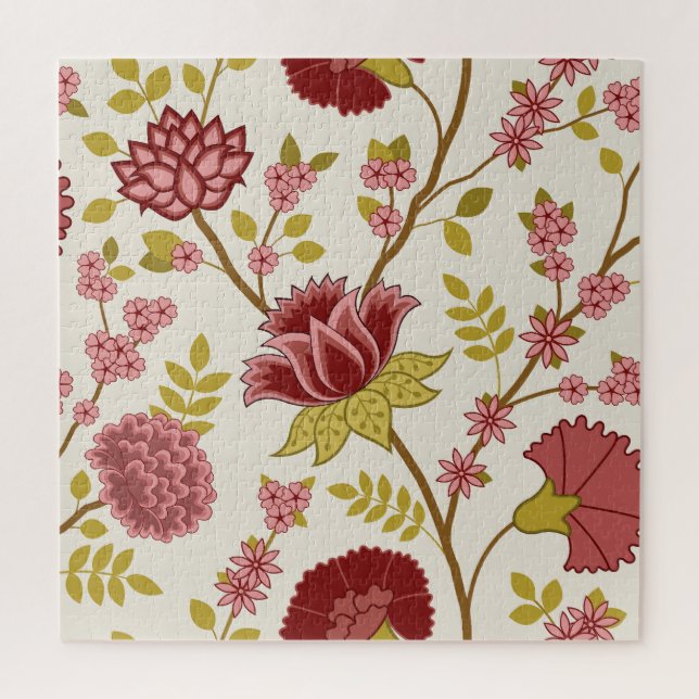 Puzzle Jacobean Floral Lg Motif Reds Pinks Gold Crème (Vertical)