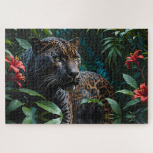 Puzzle Jaguar mélaniste dans la jungle Fleurs rouges