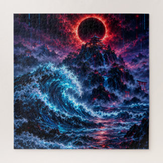 Puzzle Japanese Cyberpunk Mountain Wave Eclipse Poster