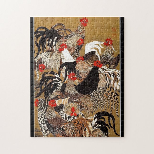 Puzzle Japanese Roosters and Chickens (Vertical)