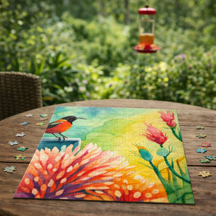 Puzzle Jardin aquarelle fleuri de colibris colorés