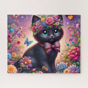 Puzzle Jardin de fleurs de chat noir mignon