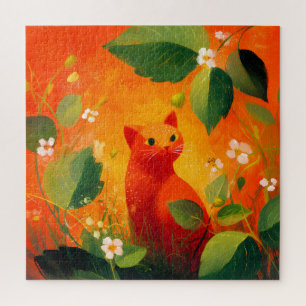 Puzzle Jardin de fleurs sauvages au chat rouge fantaisist