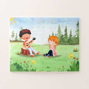 Puzzle Jardin de garçon et de fille Art coloré pour les e