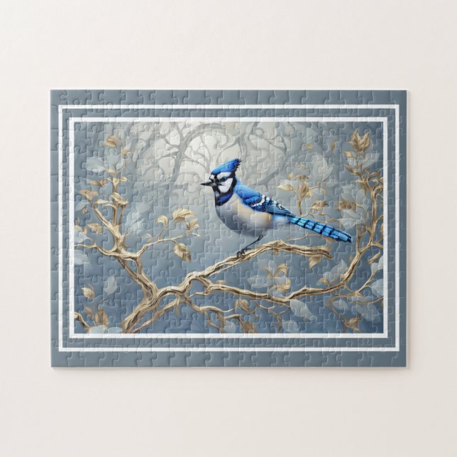 Puzzle Jay Bleu Majestueux Sur Branches Dorées (Horizontal)