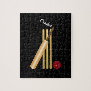Puzzle Jeu de cricket, chauve-souris et balle, texte blan