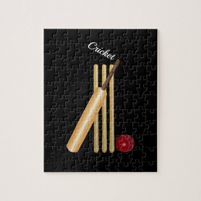 Puzzle Jeu de cricket, chauve-souris et balle, texte blan (Vertical)