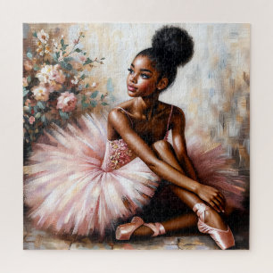 Puzzle Jeune ballerine noire en tutu rose et chaussons de