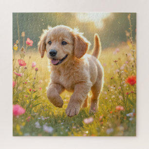 Puzzle Jeune chiot Retriever doré courant dans un pré