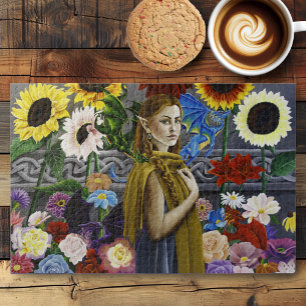 Puzzle Jeune fille elfe dragon enchantée jardin de fleurs