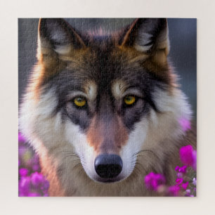 Puzzle Jeune loup dans les fleurs roses fuchsia