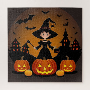 Puzzle Jeune sorcière avec citrouilles et maisons hantées