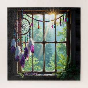 Puzzle Joli attrape-rêves boho violet dans la fenêtre