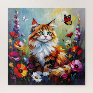 Puzzle Joli chat fantaisiste, fleurs et papillons