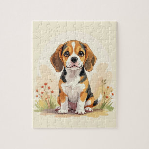 Puzzle Joli chiot Beagle tricolore noir, fauve et blanc