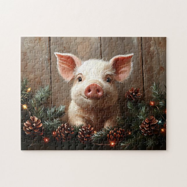 Puzzle Joli Cochon de Noël Peinture rustique (Horizontal)