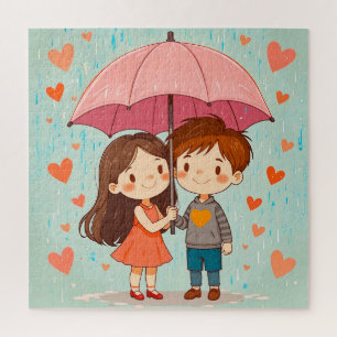 Puzzle Joli Couple de Dessins Animés Souriant Sous un Par