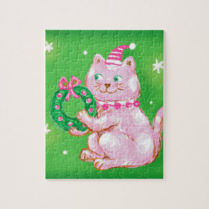 Puzzle Joli dessin de Noël Chat tenant une couronne
