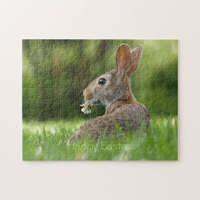 Puzzle Joli lapin Brown avec fleur en herbe Pâques (Horizontal)