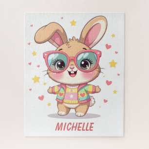 Puzzle Joli lapin féminin avec monogramme portant des lun