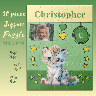 Puzzle Joli léopard photo nom vert jaune enfants