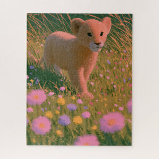 Puzzle Joli Lionceau dans un Champ de Fleurs Sauvages et